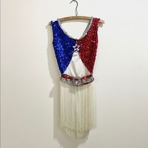 vintage sequined bodysuit belt and fringed skirt